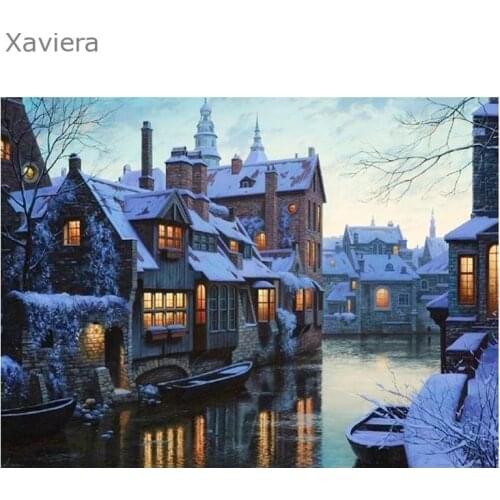 5D Diy Diamond Painting Winter Town Street Scenery Picture Mosaic Embroidery Full Rhinestone Cross Stitch Bedroom Decoration