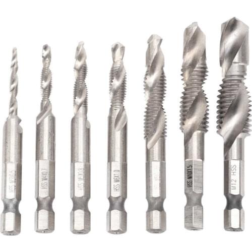 7Pcs Tap Set 1/4 Hex Shank Metric Drilling and Tapping Integrated Compound Spiral Notch Kit Tapping Tool