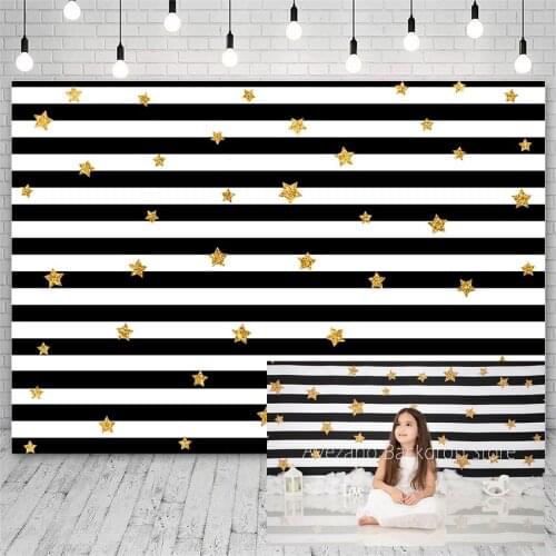 Avezano Backdrops Baby Shower Birthday Black White Stripes Golden Stars Decor Photography Background Studio Photocall Photozone