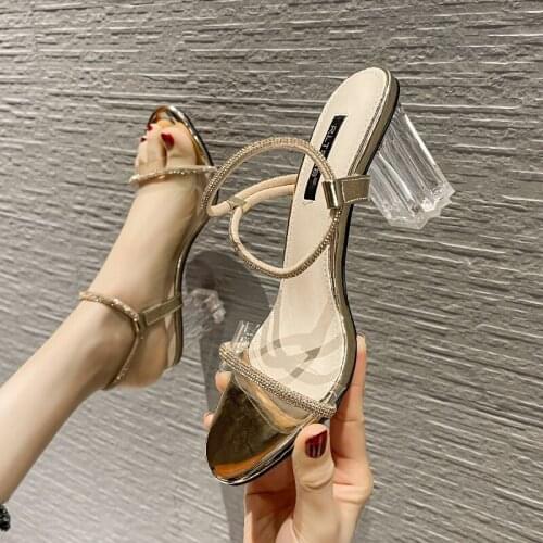 Sandals 2021 New Womens High Heels Fairy Style Rhinestone Chunky Heel Crystal Transparent Mid Heel Transparency Shoes Summer