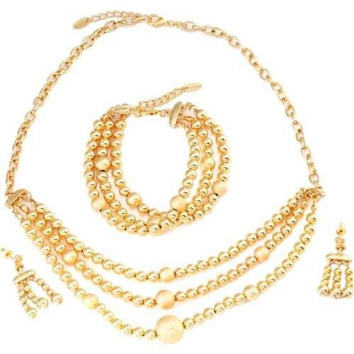 African Beaded Earrings Necklace Bracelet Sets Gold Color Ball Ethiopian Women Wedding Jewelry