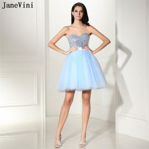 JaneVini Light Sky Blue Short Homecoming Dresses Bling Sequined Top Big Bow Tulle Juniors Graduation Prom Gowns Suknia Tiulowa