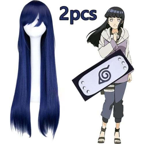 Hinata Hyuga Wig Anime Cosplay Wig Women Dark Blue Long Wig Headband Heat-resistant Fiber Hair + Free Wig Cap Man Accessories