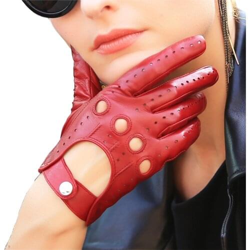 Genuine Leather Women Gloves Fashion Elegant Lady Sheepskin Glove Breathable Wrist Buckle Driving Leather Gloves Unlined EL041N