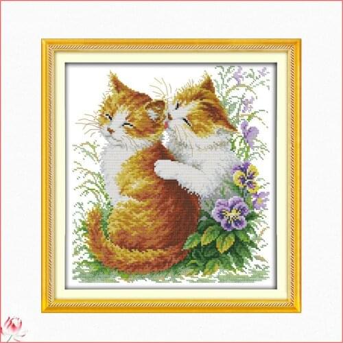 Joy Sunday TKissing Cats Cross Stitch Animal Embroidery Kit 11CT 14CT Count Printed Fabric Needlework Full Set DIY Sewing Gift