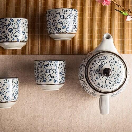 Japanese-style Hand-painted Under-glaze Coloured Teapot Set with One Pot and Five Cups Tea Set Thanksgiving Flower Teaware Gifts