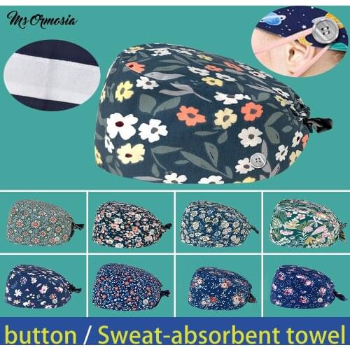 Wholesale High Quality with buttons cotton cartoon printing scrub hat beauty salon work hats summer breathable bandage scrub cap