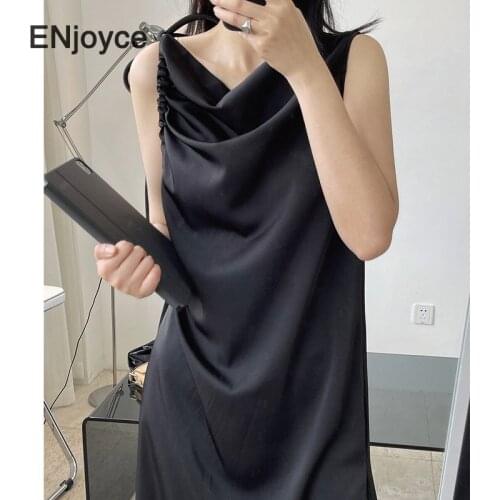 Drawstring Black Sleeveless Midi Dress for Women Korean Style Fashion Casual A-line Party Prom Dresses Vintage Satin Clothes