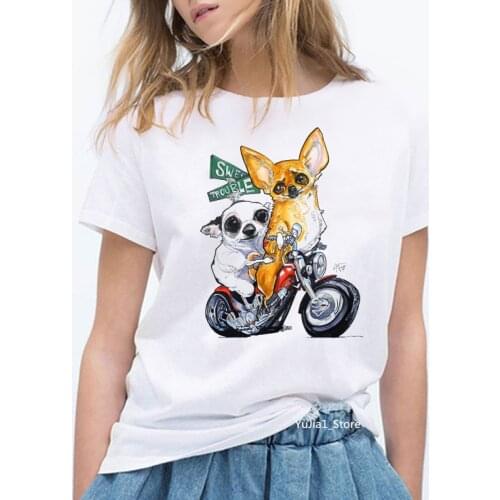 Chihuahua riding a motorcycle printed funny t shirts women white vintage t shirt femme aesthetic clothes dog lover summer top