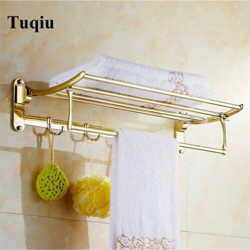 Towel Racks Bathroom gold Finish foldable Bath Towel Shelves Towel Bar Bath Hardware double level with hooks