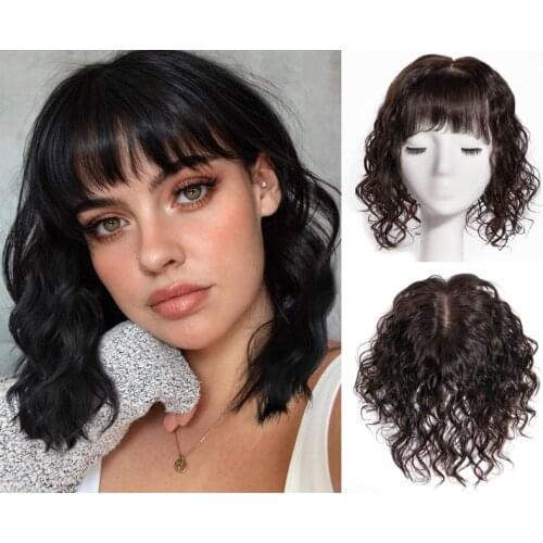 Human Hair Clip in Crown Toppers for Thinning Hair Loose Wave Hair Topper Hairpieces with Bangs for Women Machine Made Silk Base
