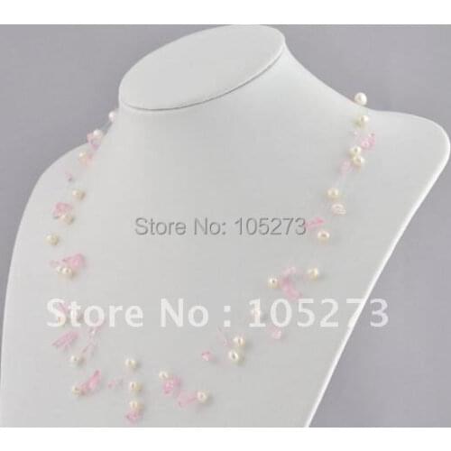 Pearl Jewelry AA 4-10MM White Genuine Freshwater Pearl & pink Macadam Necklace 17'-20inch Fashion Jewelry New Free Shipping