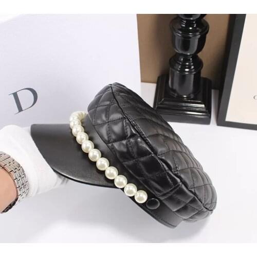 2021 New Black Leather Pearl Cap Sun Hat Brand celebrity CC Style High Quality Women Party Hat
