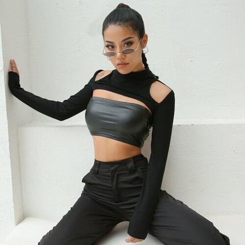 Women Sexy Tops Hollow Out Long Sleeved T-shirt Ultra-Short Mid-Neck Small Blouse Cotton Black Streetwear Women Clothes Harajuku