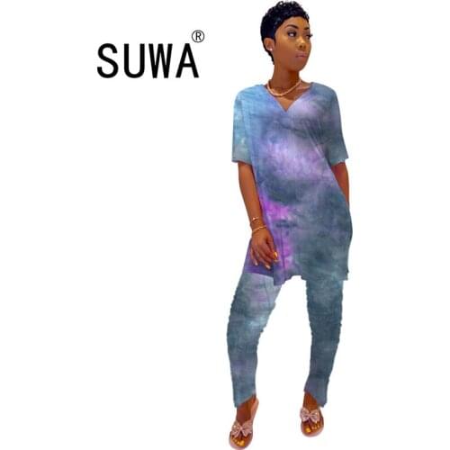Women’s Tracksuit Set Tie Dye Oversize T-Shirt Top + High Waist Joggers Pants Casual Home Wear 2 Pieces Summer Clothing