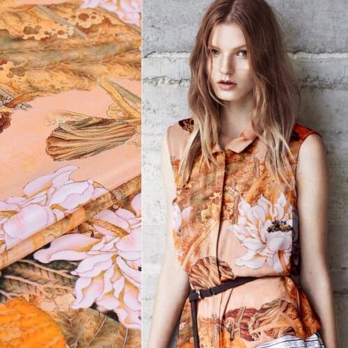 110CM 30MM Lotus Print Stretch Orange Heavy Silk Crepe Fabric Good for Spring Summer Dress Skirt Shirt Scarf Pants J160