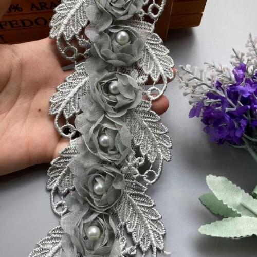 2 Yard Gray Pearl Soluble Flower Embroidered Lace Trim Ribbon Floral Applique Fabric Handmade Wedding Dress Sewing Craft New