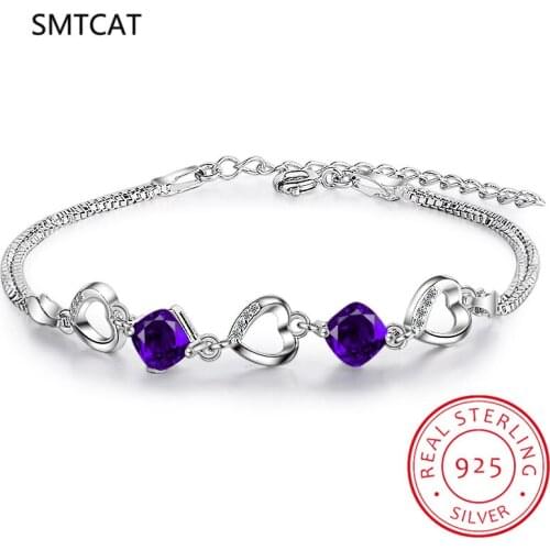 925 Sterling Silver Heart Purple Zircon Bracelet Double Layer Box Chain For Women Jewelry Engagement Party Christmas Gift