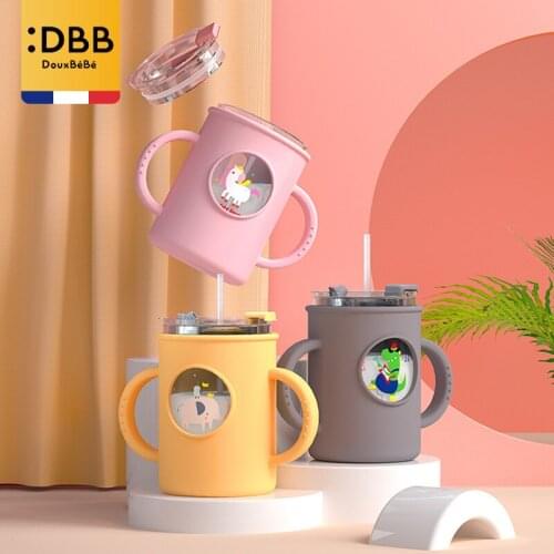 Baby Milk Cup with Scale Straw Cup Cartoon with Handle Straw Glass Water Cup with Lids Silicone Protective Microwaveable Bottle