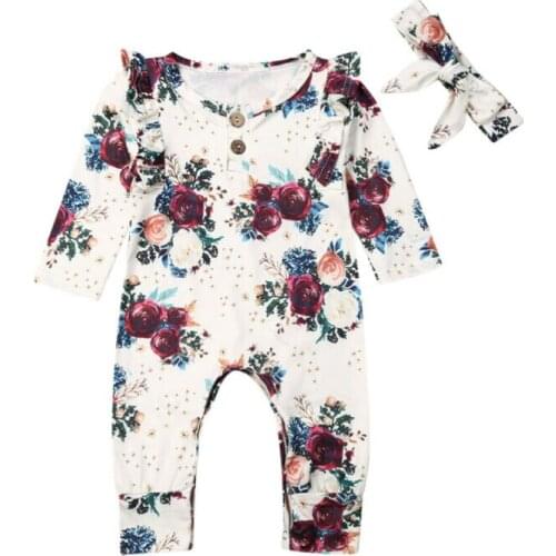 Toddler Baby Romper Newborn Baby Girl Clothes Long Sleeve Flower Romper Jumpsuit Headband Outfit Set