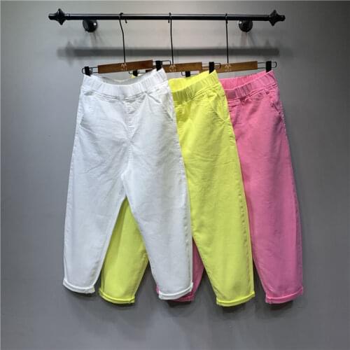New Spring Summer Large Size Elastic Waist Candy Color Jeans Women Bright Color Solid Cross-pants Calf-length Denim Pants Casual
