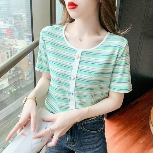 T-Shirt Women 2021 New Fashion summer casual cotton Rainbow Striped Tops Harajuku T shirt O-neck Shortr Short top woman