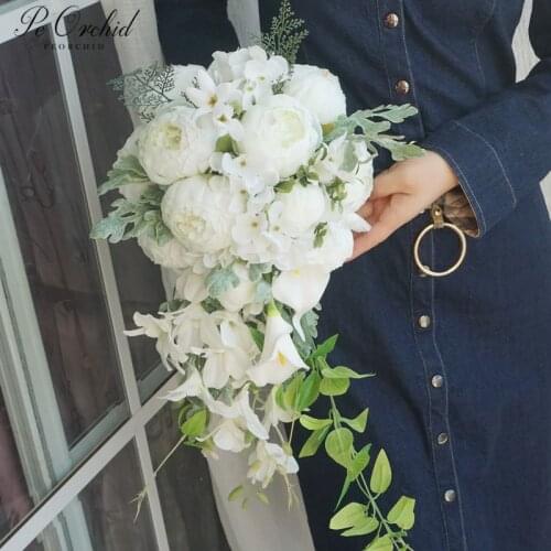 PEORCHID 2019 Artificial Waterfall Bridal Boquet Peonies Flowers Rustic Bride Buket Vintage Calli Lily Cascading Wedding Bouquet