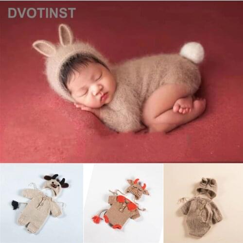 Dvotinst Newborn Baby Photography Props Soft Knitted Cute Cow Ox Outfits Rompers Ears Bonnet Hat 2pcs Studio Shoots Photo Props