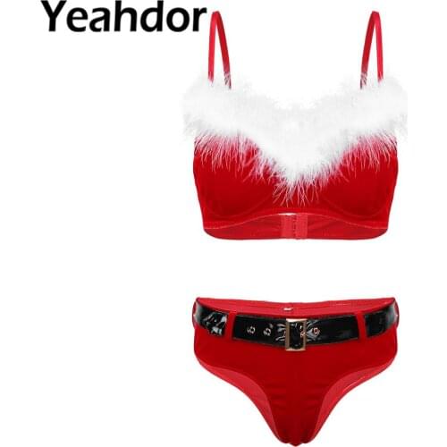 3Pcs Sexy Women Soft Velvet Christmas Lingerie Set Female Unlined Bralette Bra Top + Low Rise Thong Briefs Underwear Waist Belts