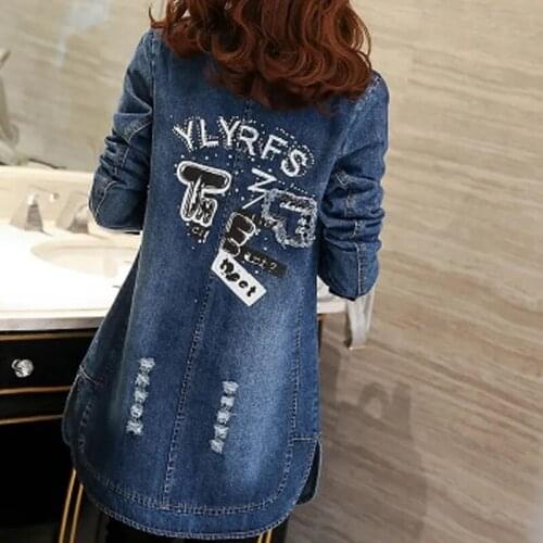 Plus Size 5XL Student Denim Jacket Spring Autumn Mid-Length Loose Long Sleeved Jackets Windbreaker Female Denim Coat 472