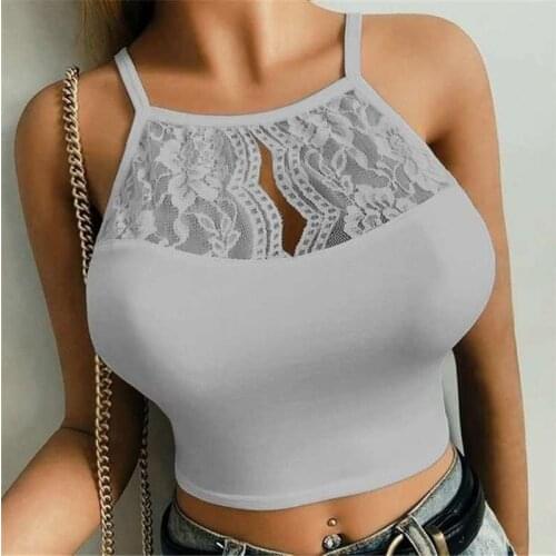 Summer Pure Black White Pink Elastic Crop Tops Plus Size S-5XL Nightclub Sexy Tight Camisole Holow Out Lace Short Sling Vest