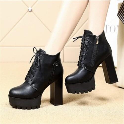 Fashion Platform Warm Ankle Boots Women 2020 Autumn Winter Black Red Leather 12cm Thick Heel Boots Ladies Worker Womens Boots