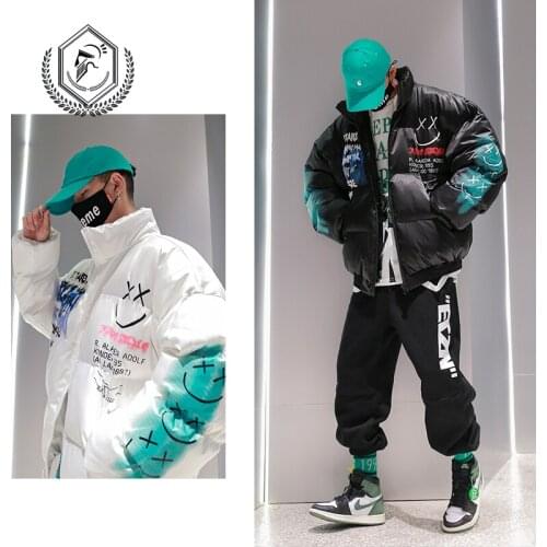 Men Fashion Loose Parkas Large Size Fleece Heavyweight Jacket Print Hip Hop Coat