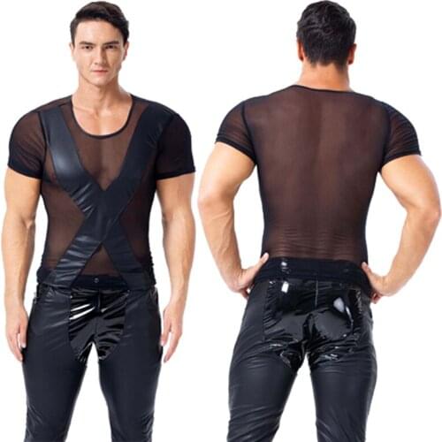 Mens Wetlook Tops Punk Fashion Faux Leather Male T-Shirt Night Clubwear See Through Mesh Hollow Out Muscle Tight T-shirt Tee Top