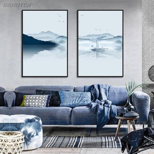 Chinese Landscape Mountain Lake Canvas Painting Family Decoration Living Room Wall Art Picture Nature Scenery Poster And Print