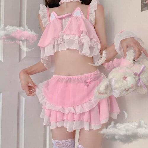 Pajamas for Women Cute Cat Girl Sexy Maid Uniform Temptation Hot Transparent Kawaii Lingerie Set Wildcat Cosplay Sex Toys