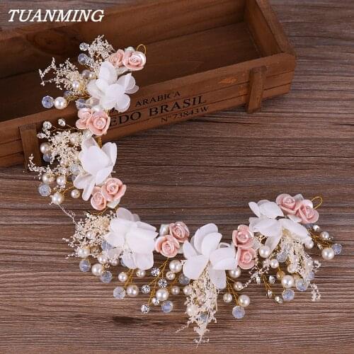 Wedding Romantic Pink Cream Flower With Pearl Headband Bridal Hair Band Party Hair Jewelry Wedding Hair Accessories