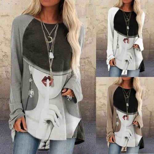 2022 Spring Women Fashion Casual Mystery Woman Print Long Sleeve O-Neck Comfortable Tops Females Oversize Stylish Clothes