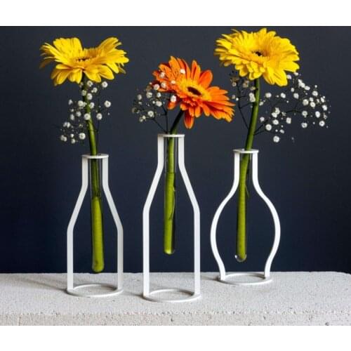 Vintage Model Nordic Style 3-Set Metal White Transparent Hydroponic Glass Vase For Dry Flowers Home Decoration Accessories