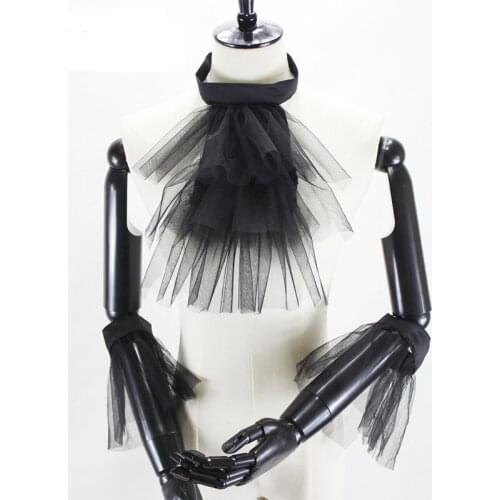 Vintage Girls Fake Collar with Wrist Cuffs Set Gothic Layers Mesh Ruffles Collar Detachable Ruff Collars