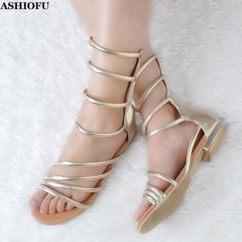 ASHIOFU Wholesale Handmade Womens Flat Sandals Striped Sexy Casual Summer Shoes Daily Wear Fashion Daily Wear Sandals Shoes