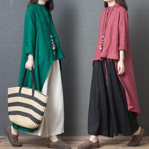 Cotton linen set women autumn 2021 new irregular mid-length blouse skirt casual wide-leg pants fashion linen two-piece suit s589