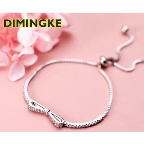 DIMINGKE Fashion Bow Silver Bracelet S925 Silver Woman Jewelry Party Wedding Lover Birthday Gift 14-20CM