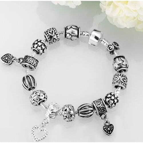 Antique Silver Color Charm Bracelet & Bangle Silver Color With Heart Bracelet For Women Wedding Vintage Jewelry AB2011