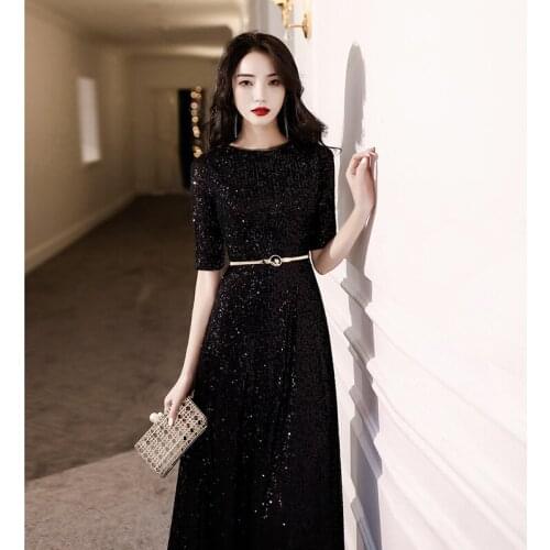 Wei yin AE0367 Black Long Evening Dresses 2020 Elegant O Neck A Line Sequined Formal Dress Party Gown robe de soiree