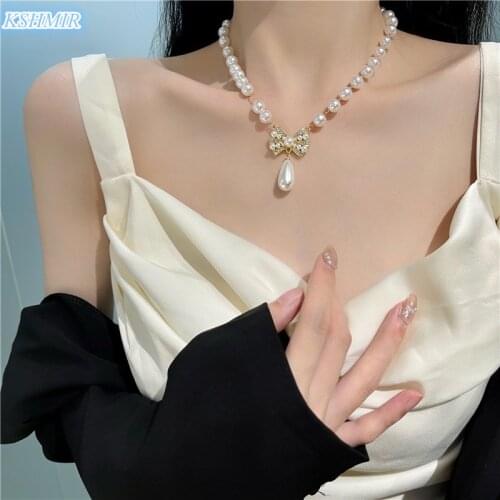 Kshmir Bow Pearl 2021 New Tidy Necklace for Women with Light Luxury Collarbone Chain web celebrity Simple Accessories