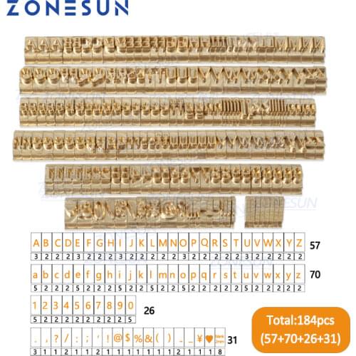 ZONESUN 184Pcs Custom Logo Brass Alphabet Letter Set With Number Symbols 10cm T slot Letter Stamp For Hot Foil Stamping Machine