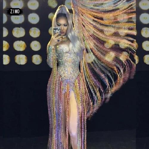 Sparkly Crystals Jumpsuit Sexy Long Multi colored Tassel Rhinestone Bodysuit Women Nightclub Outfit Singer Stage Dance Costumes