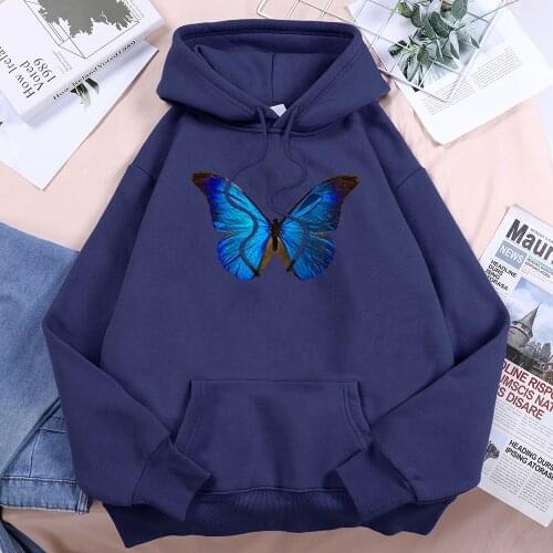 Blue Butterfly Beauty Painting Woman Hoodies 2021 Spring Lace-up Hooded Simple Comfort Cute Hoody Hip Hop Casual Women Hoodie