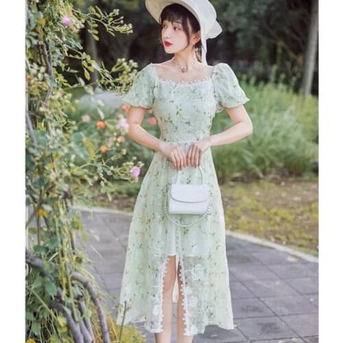 Elegant Vintage Mesh Embroidered Midi Dress Lace Ruffled Square Collar Gentle Temperament Puff Sleeve Fairy Dress